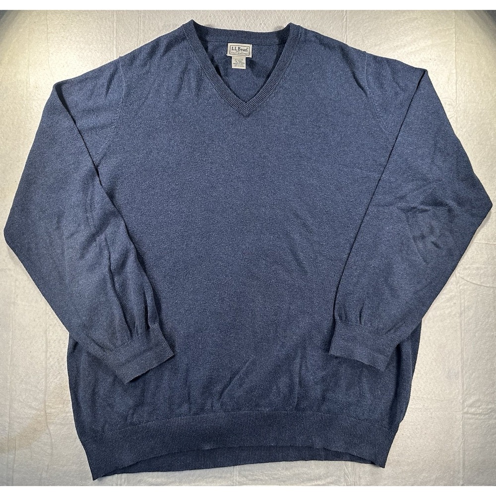 LL Bean Mens XLT XL T Tall Cotton Cashmere Knit Soft V Neck Blue Sweater 275552